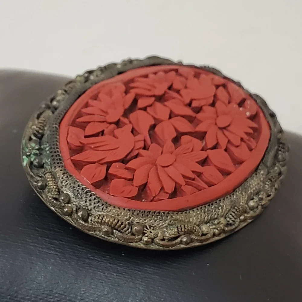 Vintage Chinese Carved Cinnabar Brooch Birds And Flowers Setting Filagree